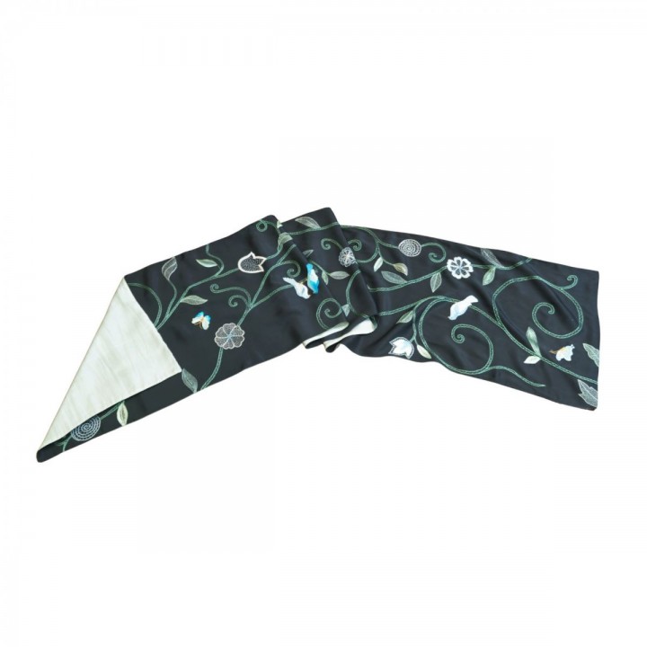 Black silk scarf hand-embroidered with bird and flower 40*200cm